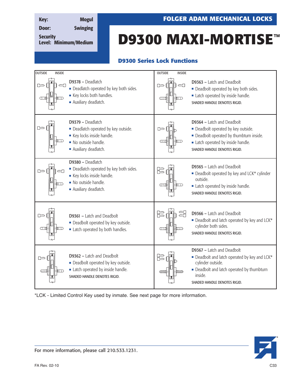 D9300 maxi-mortise, Folger adam mechanical locks, D9300 series lock functions | Southern Folger D9300 MAXI-MORTISE User Manual | Page 5 / 8