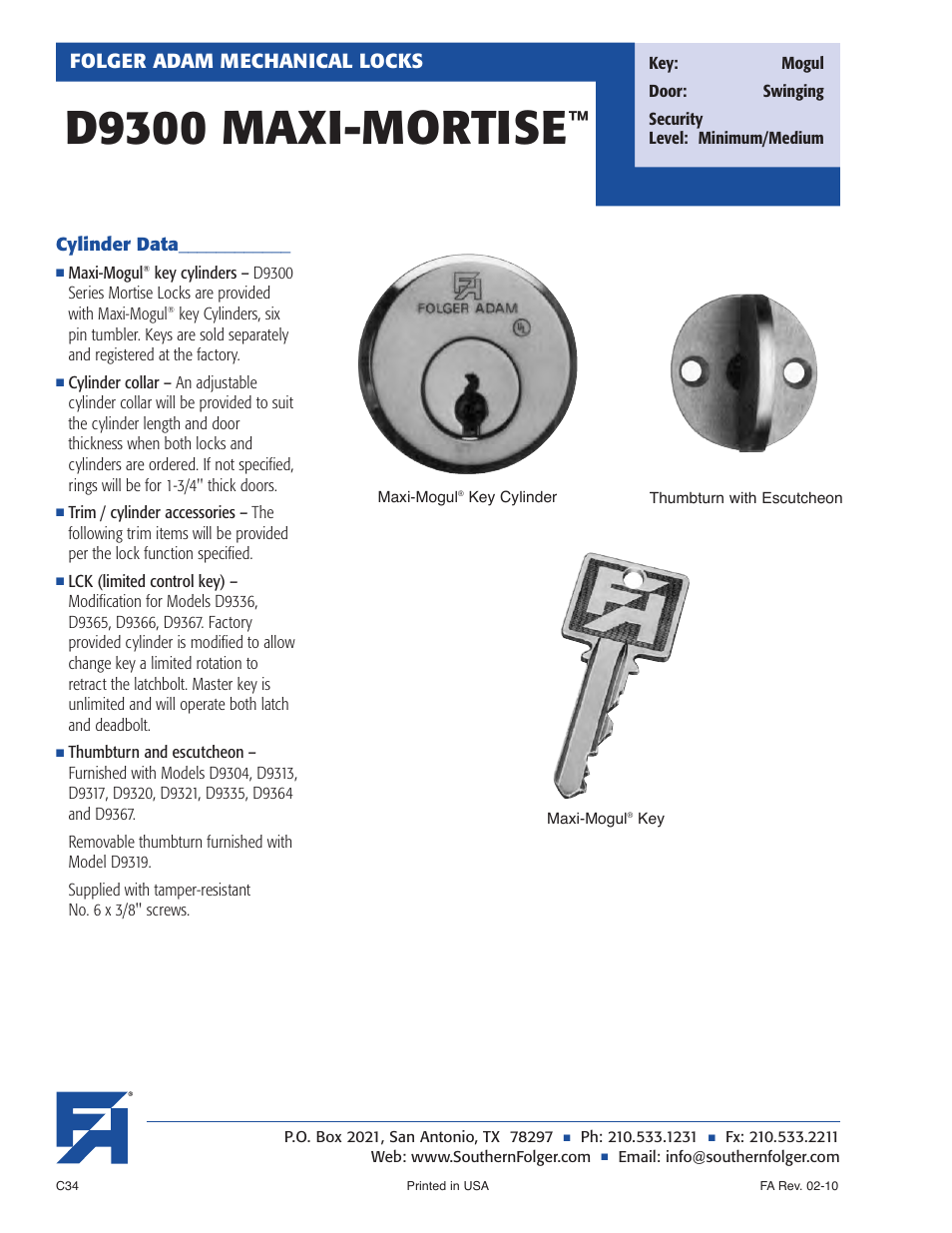 D9300 maxi-mortise, Folger adam mechanical locks | Southern Folger D9300 MAXI-MORTISE User Manual | Page 6 / 8