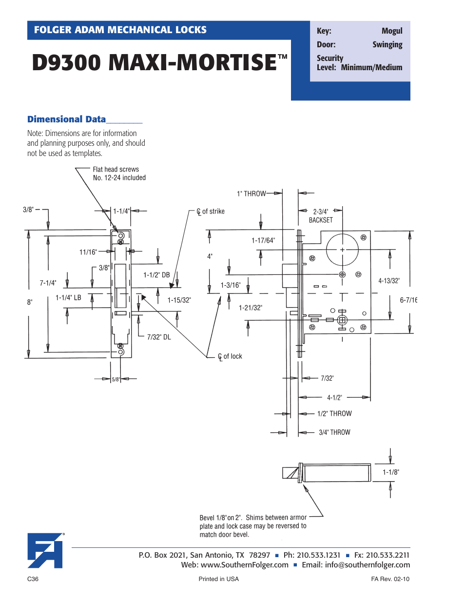 D9300 maxi-mortise | Southern Folger D9300 MAXI-MORTISE User Manual | Page 8 / 8