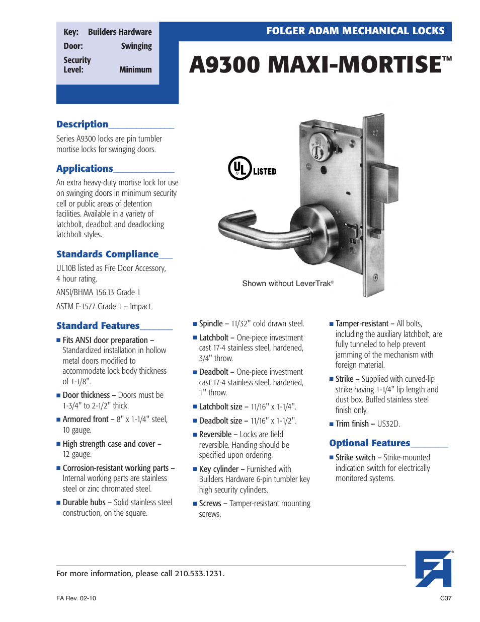 Southern Folger A9300 MAXI-MORTISE User Manual | 8 pages