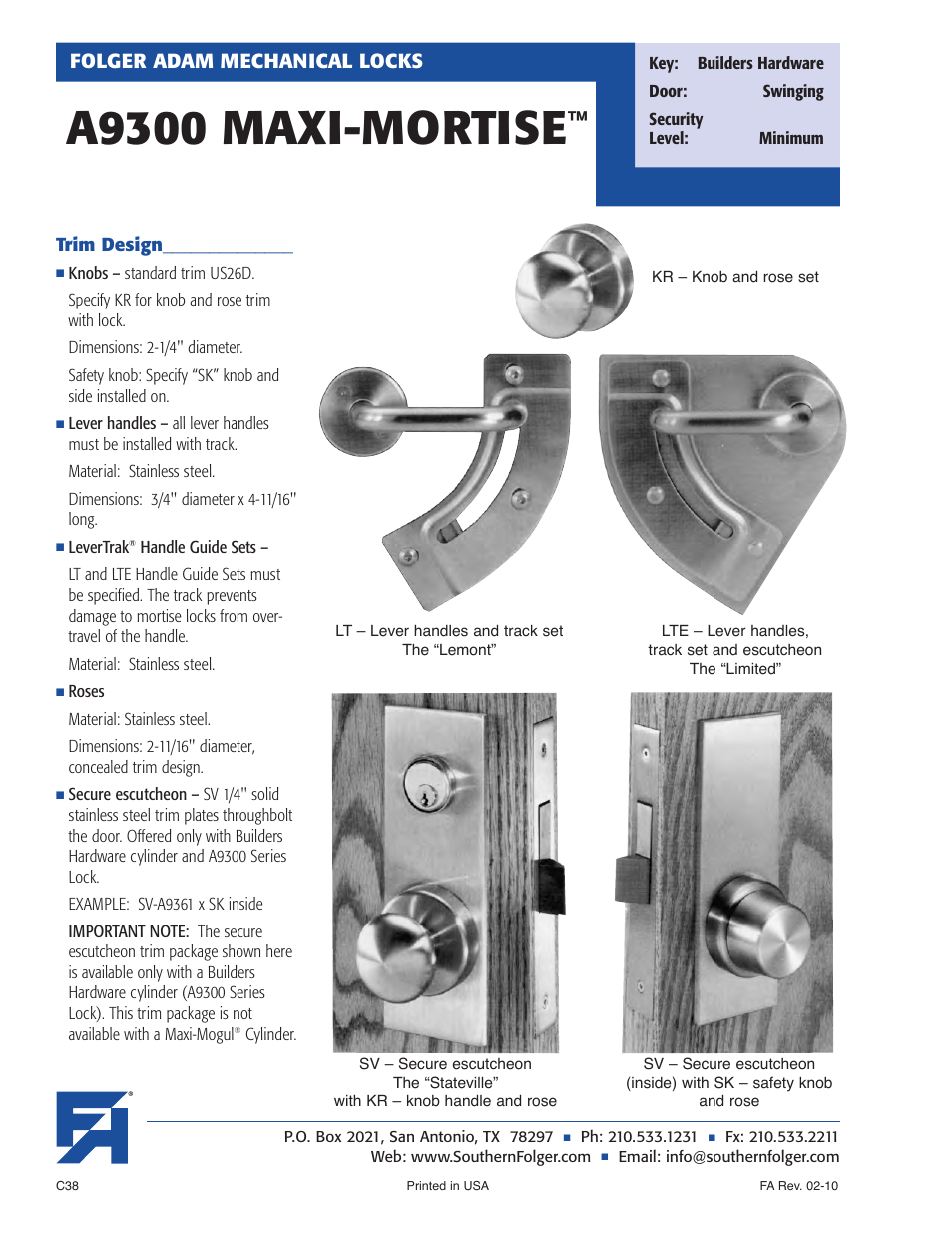 A9300 maxi-mortise, Folger adam mechanical locks | Southern Folger A9300 MAXI-MORTISE User Manual | Page 2 / 8