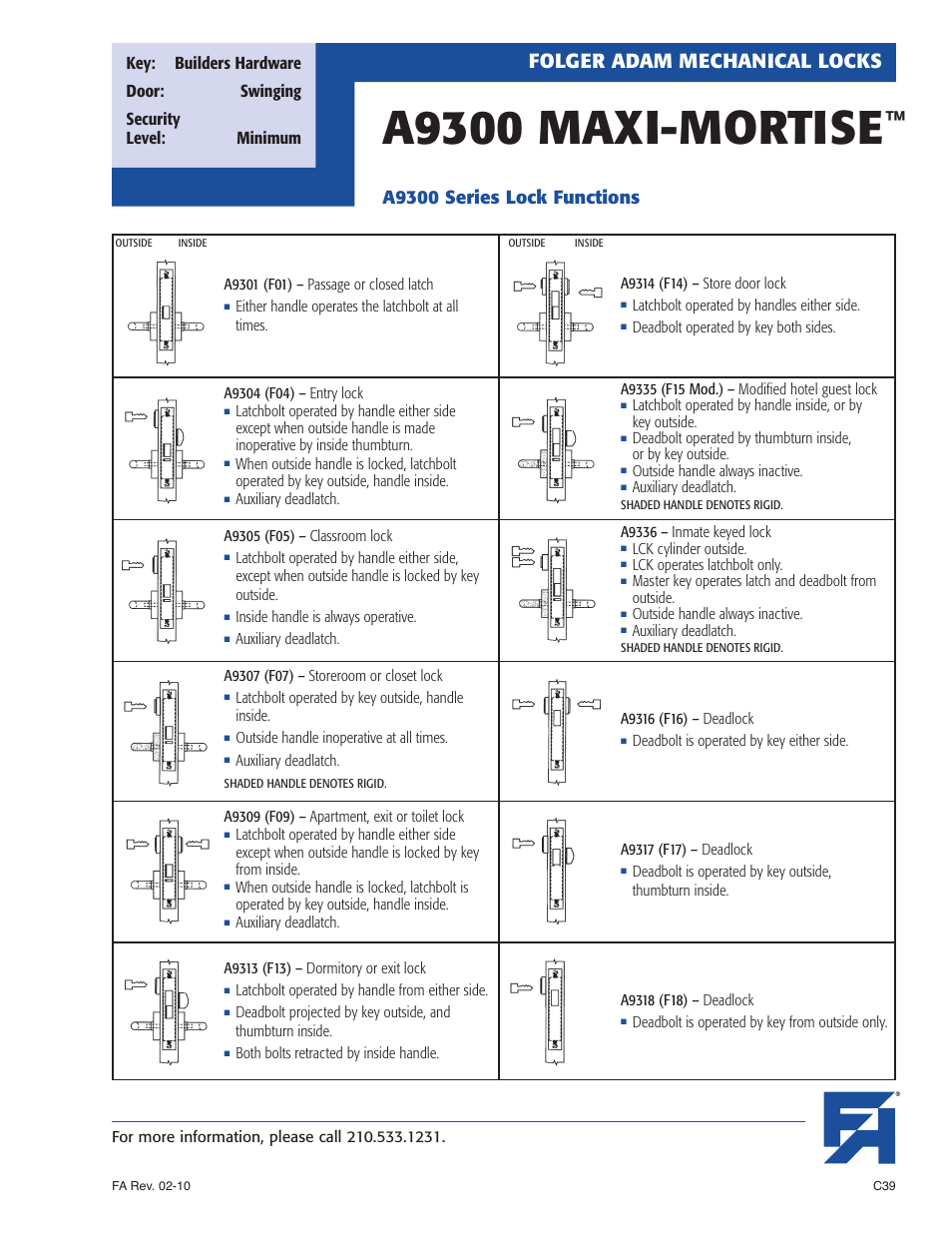 A9300 maxi-mortise, Folger adam mechanical locks, A9300 series lock functions | Southern Folger A9300 MAXI-MORTISE User Manual | Page 3 / 8