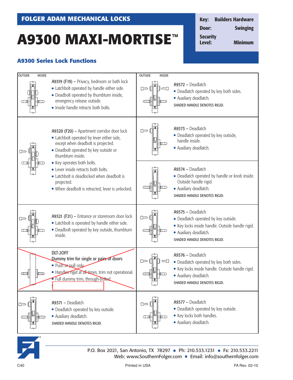 A9300 maxi-mortise, Folger adam mechanical locks, A9300 series lock functions | Not available | Southern Folger A9300 MAXI-MORTISE User Manual | Page 4 / 8