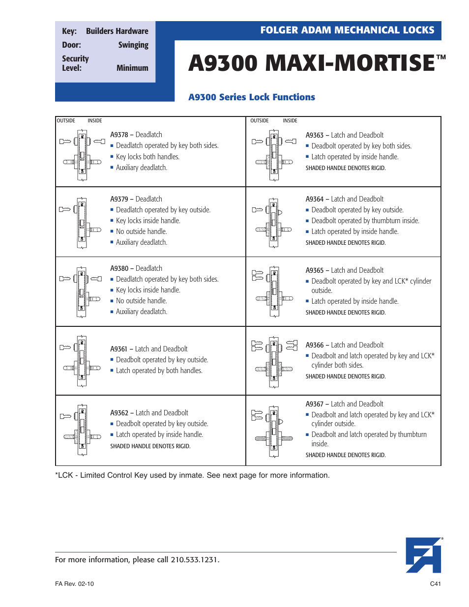 A9300 maxi-mortise, Folger adam mechanical locks, A9300 series lock functions | Southern Folger A9300 MAXI-MORTISE User Manual | Page 5 / 8