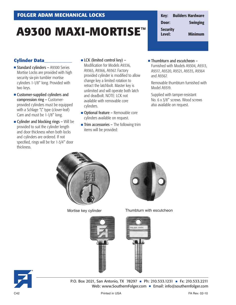 A9300 maxi-mortise, Folger adam mechanical locks | Southern Folger A9300 MAXI-MORTISE User Manual | Page 6 / 8