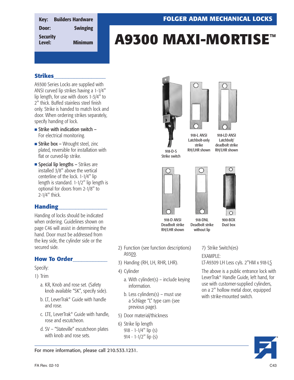 A9300 maxi-mortise, Folger adam mechanical locks | Southern Folger A9300 MAXI-MORTISE User Manual | Page 7 / 8