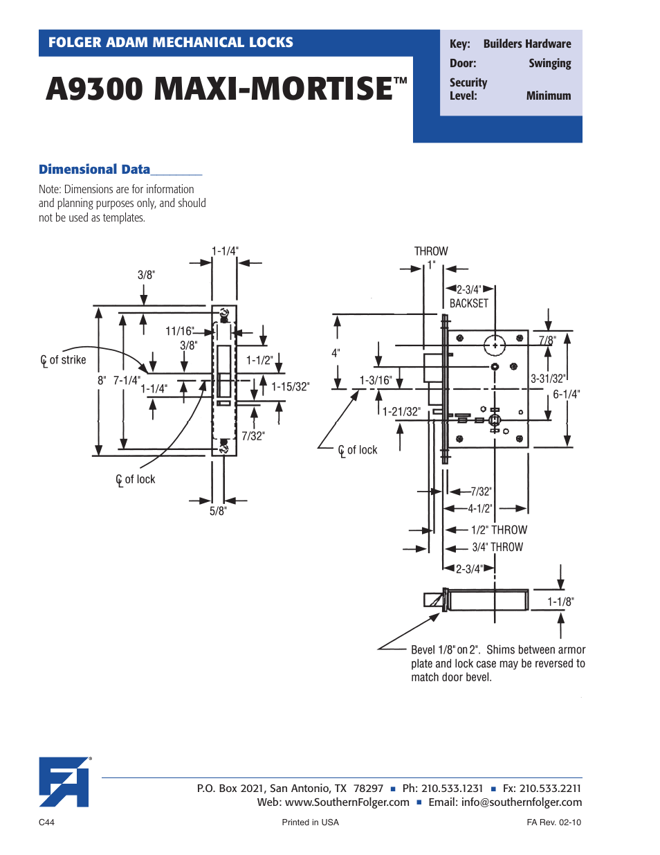 A9300 maxi-mortise | Southern Folger A9300 MAXI-MORTISE User Manual | Page 8 / 8