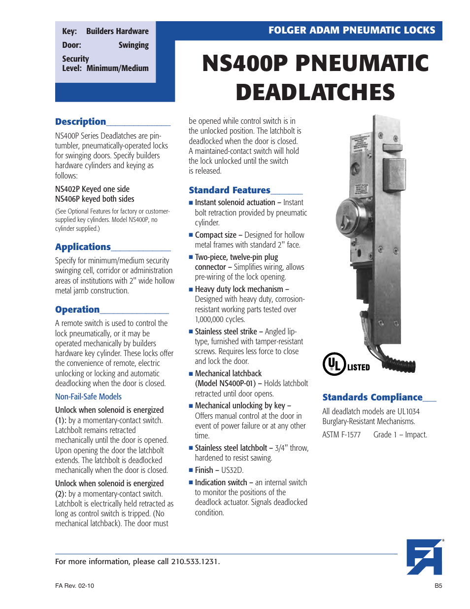 Southern Folger NS400P PNEUMATIC DEADLATCHES User Manual | 2 pages