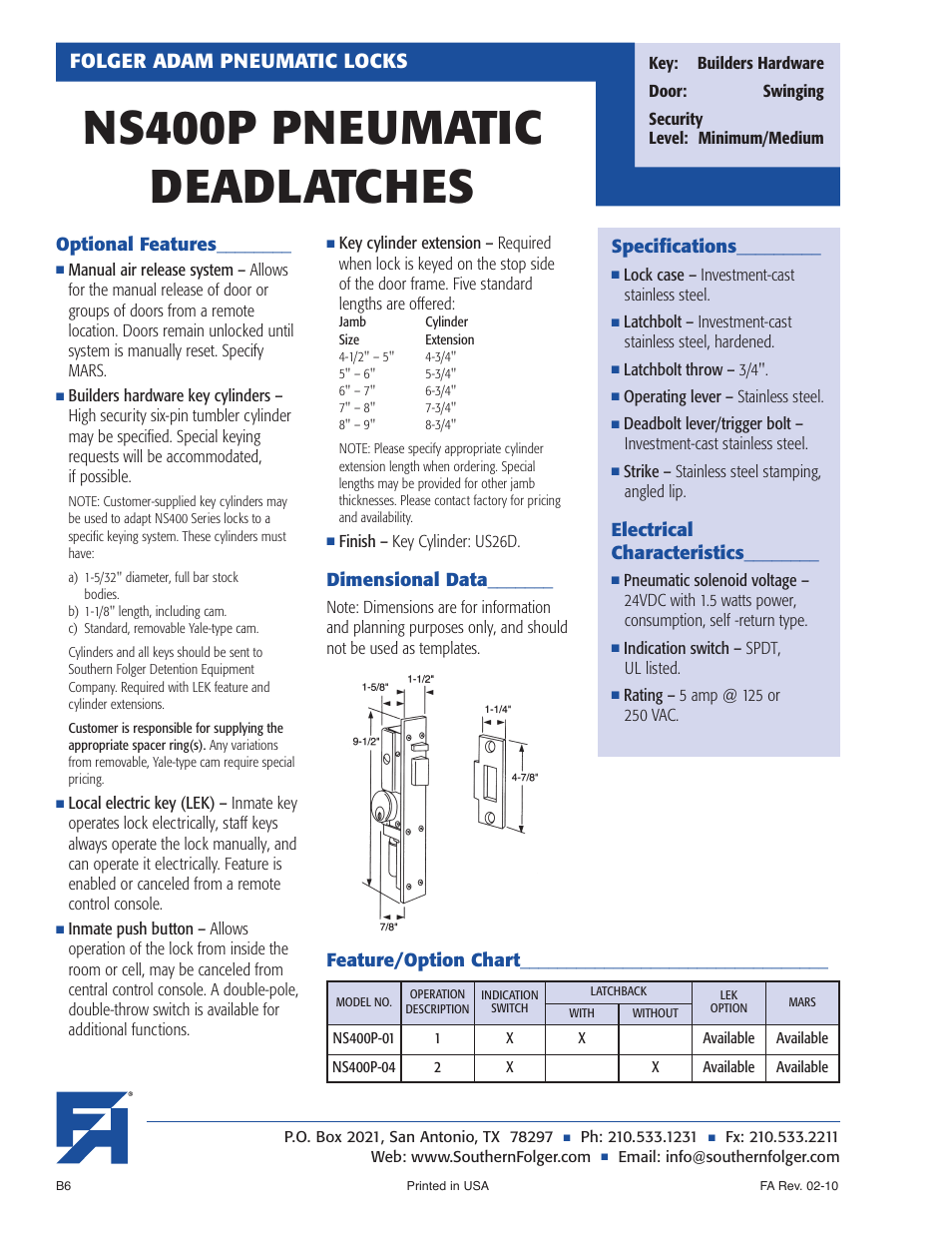 Ns400p pneumatic deadlatches, Folger adam pneumatic locks | Southern Folger NS400P PNEUMATIC DEADLATCHES User Manual | Page 2 / 2