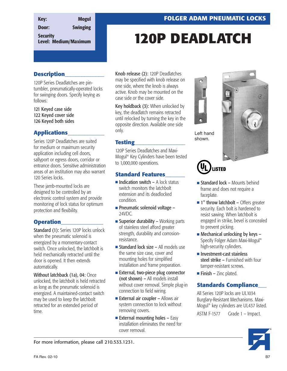 Southern Folger 120P DEADLATCH User Manual | 2 pages