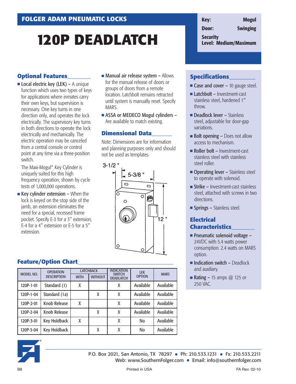 120p deadlatch, Folger adam pneumatic locks | Southern Folger 120P DEADLATCH User Manual | Page 2 / 2