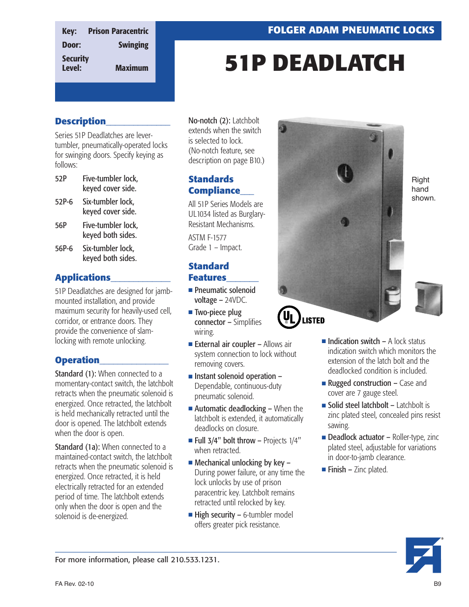 Southern Folger 51P DEADLATCH User Manual | 2 pages