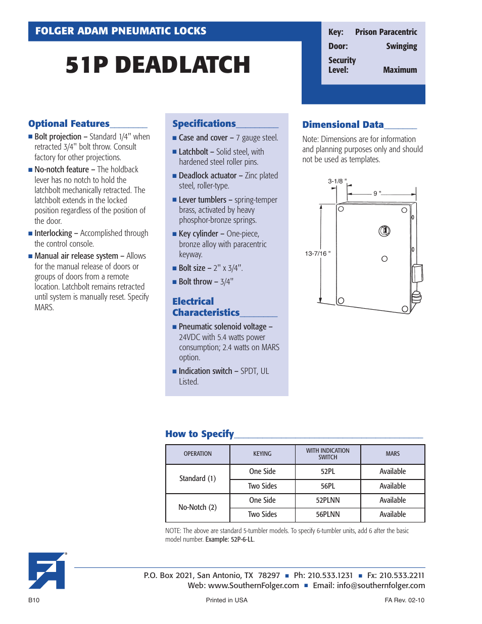 51p deadlatch, Folger adam pneumatic locks | Southern Folger 51P DEADLATCH User Manual | Page 2 / 2