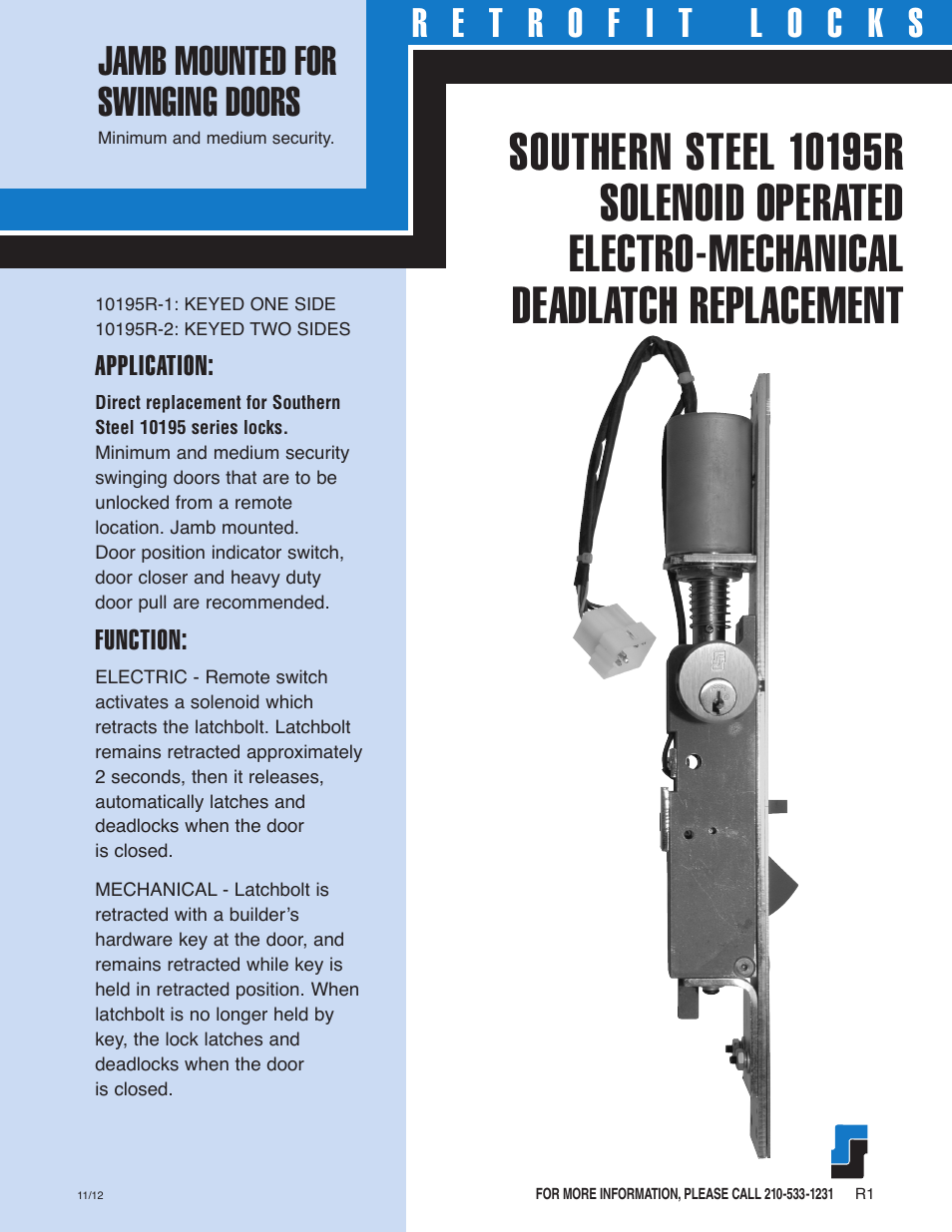 Southern Folger 10195R SOUTHERN STEEL SOLENOID OPERATED DEADLATCH REPLACEMENT User Manual | 2 pages