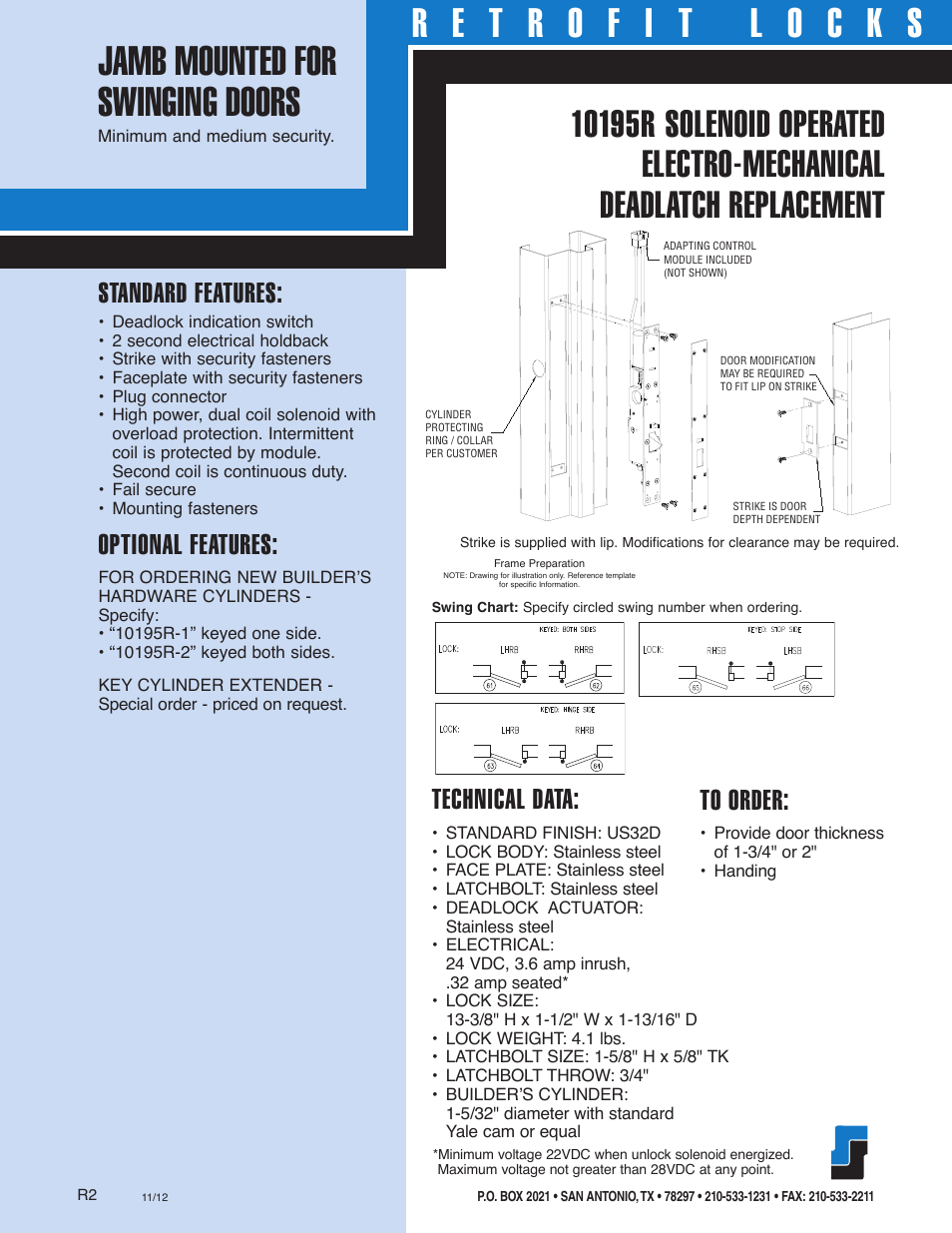 Standard features, Optional features, Technical data | Southern Folger 10195R SOUTHERN STEEL SOLENOID OPERATED DEADLATCH REPLACEMENT User Manual | Page 2 / 2