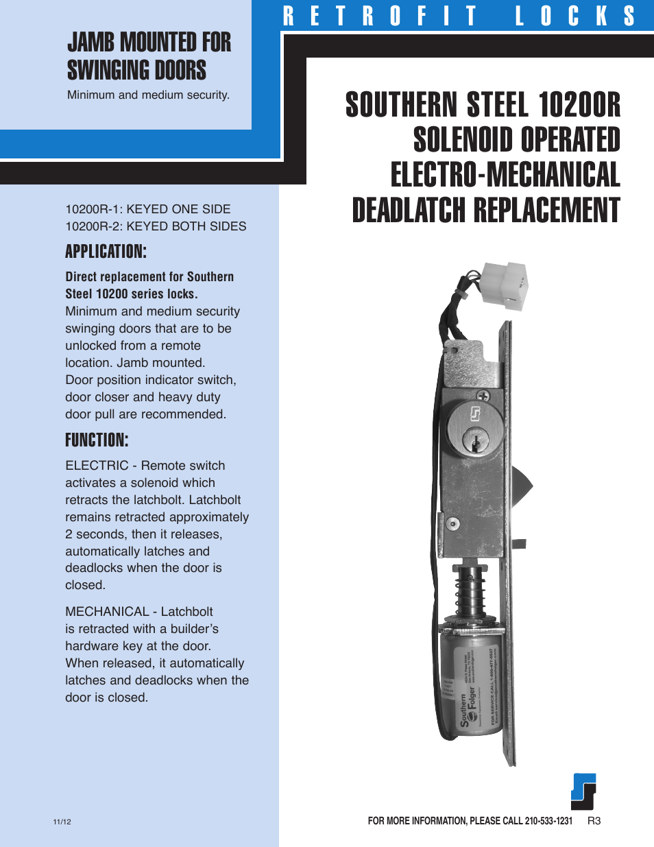 Southern Folger 10200R SOUTHERN STEEL SOLENOID OPERATED DEADLATCH REPLACEMENT User Manual | 2 pages