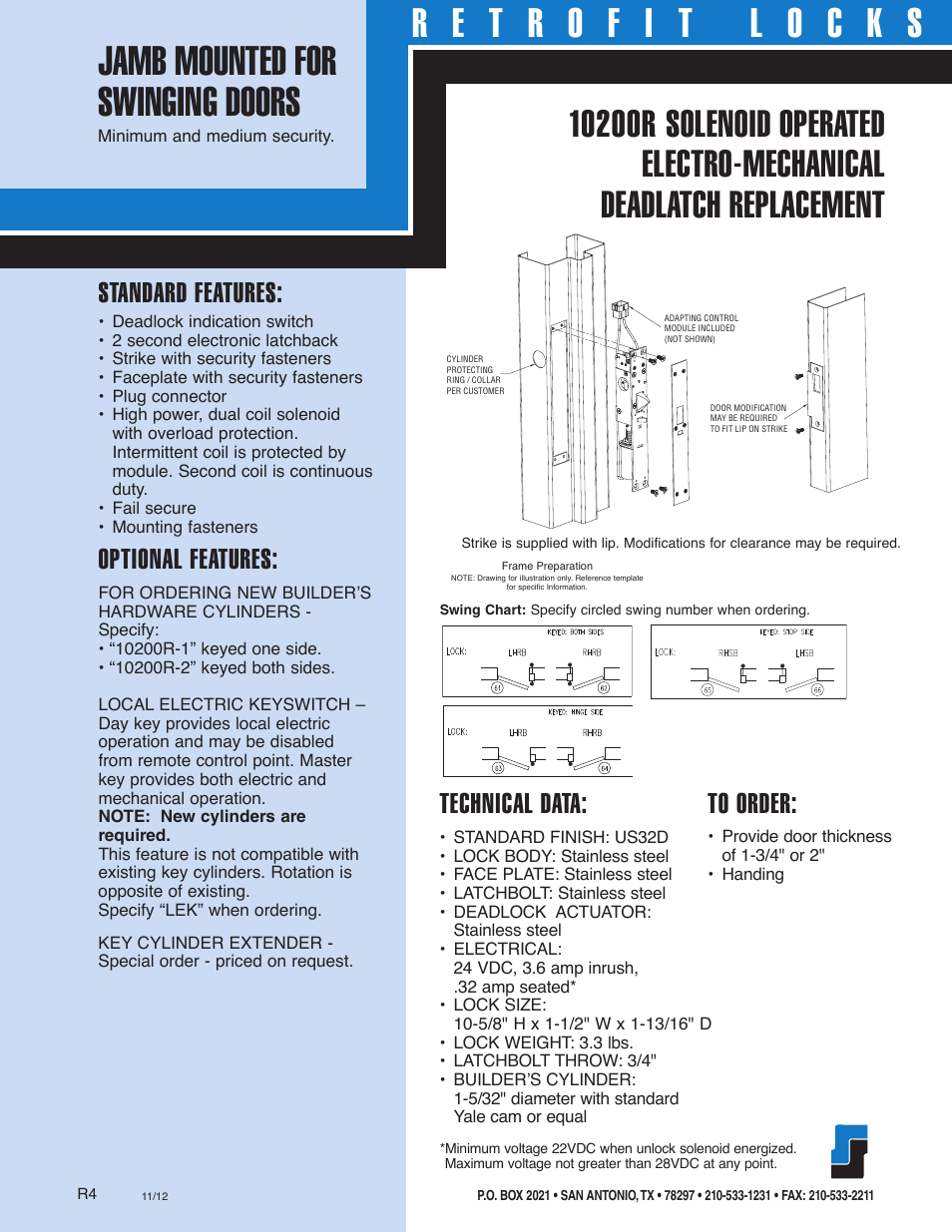 Standard features, Optional features, Technical data | Southern Folger 10200R SOUTHERN STEEL SOLENOID OPERATED DEADLATCH REPLACEMENT User Manual | Page 2 / 2