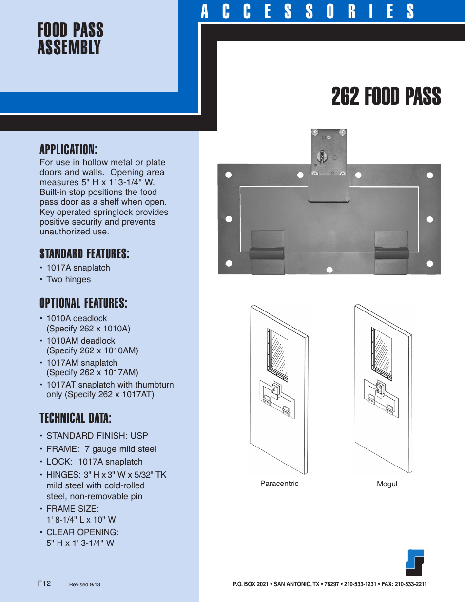 262 food pass, Application, Standard features | Optional features, Technical data | Southern Folger LOCK MOUNTINGS User Manual | Page 12 / 17