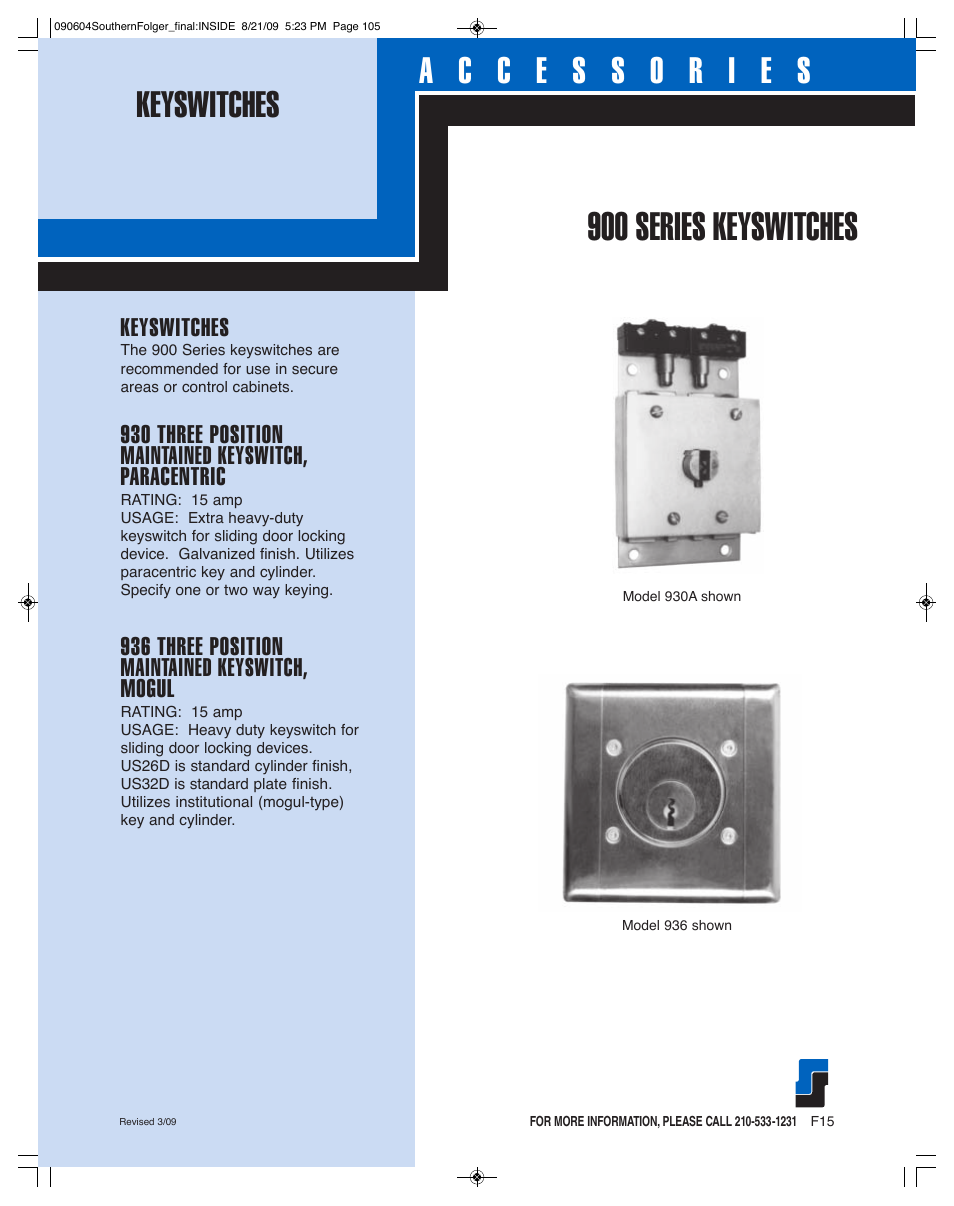 900 series keyswitches, Keyswitches, 936 three position maintained keyswitch, mogul | Southern Folger LOCK MOUNTINGS User Manual | Page 15 / 17