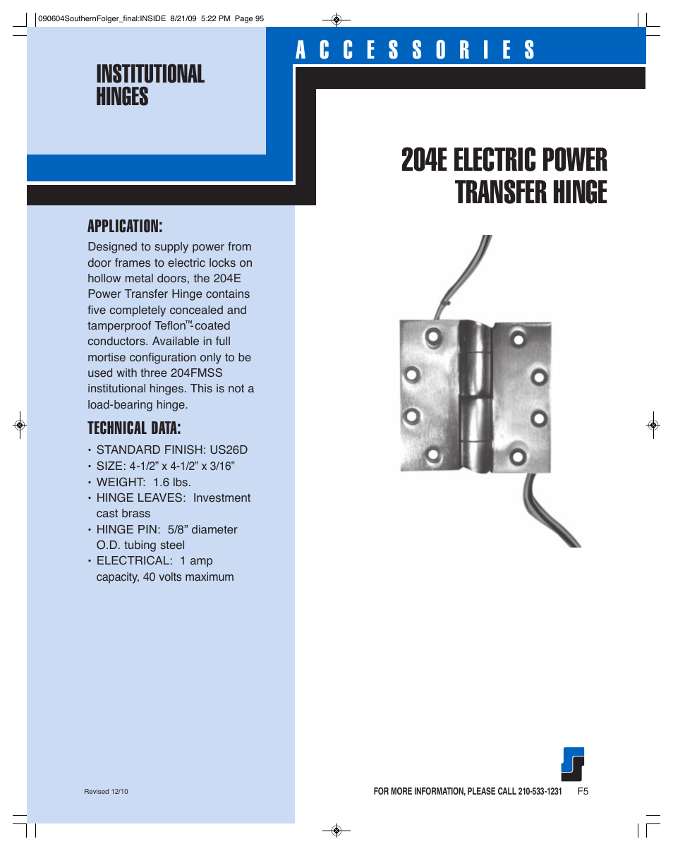 204e electric power transfer hinge, Application, Technical data | Southern Folger LOCK MOUNTINGS User Manual | Page 6 / 17