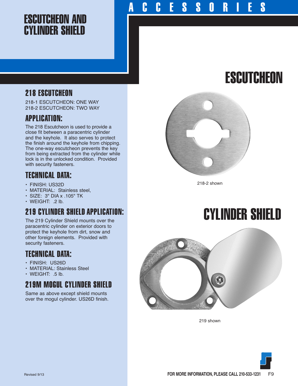 Escutcheon cylinder shield, 218 escutcheon, Application | Technical data, 219 cylinder shield application, 219m mogul cylinder shield | Southern Folger LOCK MOUNTINGS User Manual | Page 9 / 17