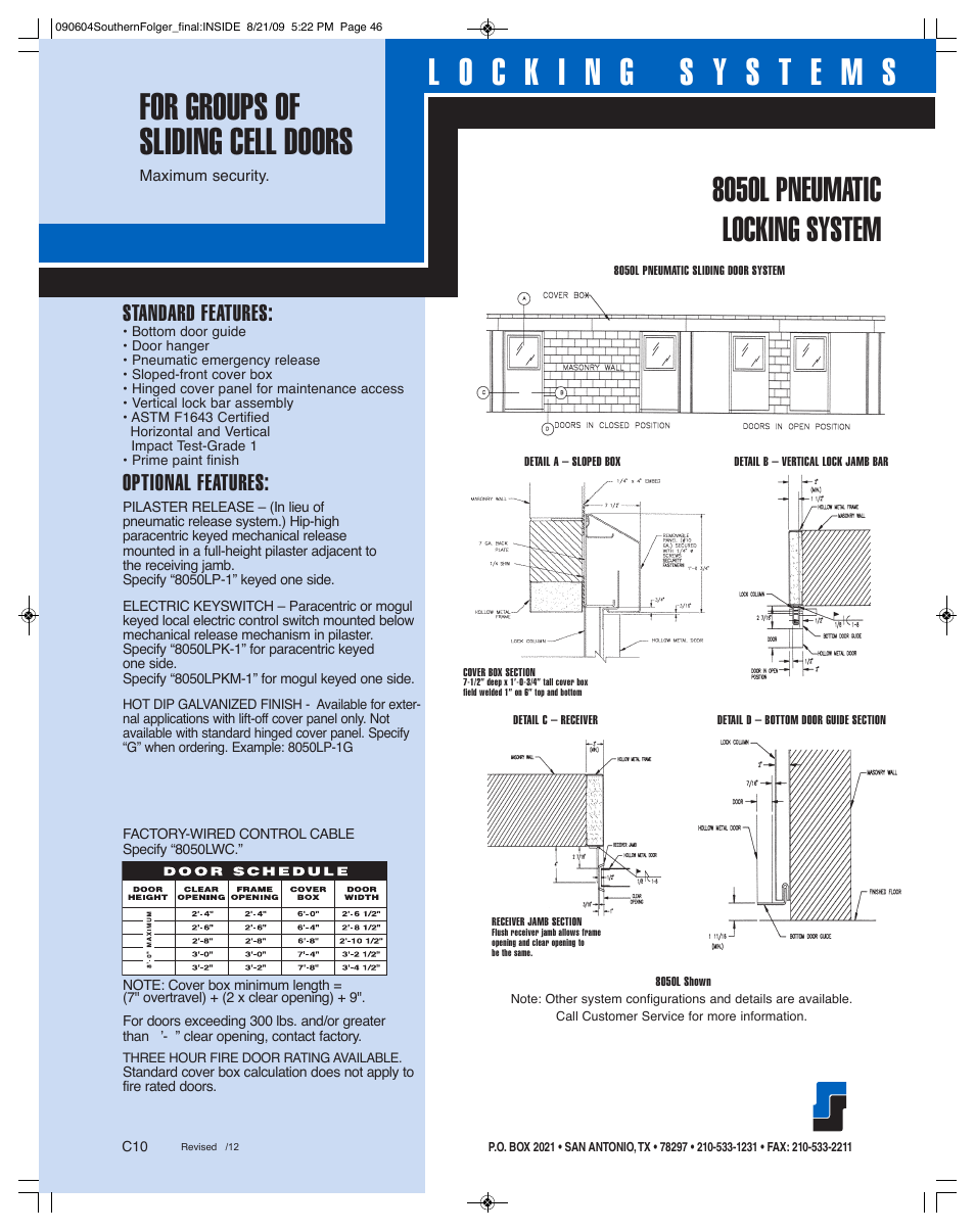 8050l pneumatic locking system, Standard features, Optional features | Southern Folger 8050L PNEUMATIC LOCKING SYSTEM User Manual | Page 2 / 2