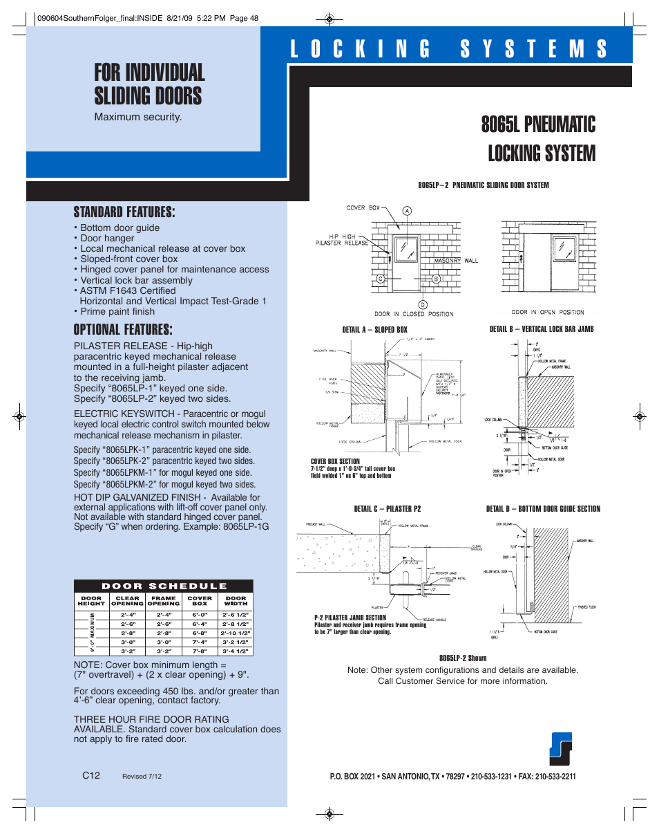 8065l pneumatic locking system, Standard features, Optional features | Southern Folger 8065L PNEUMATIC LOCKING SYSTEM User Manual | Page 2 / 2