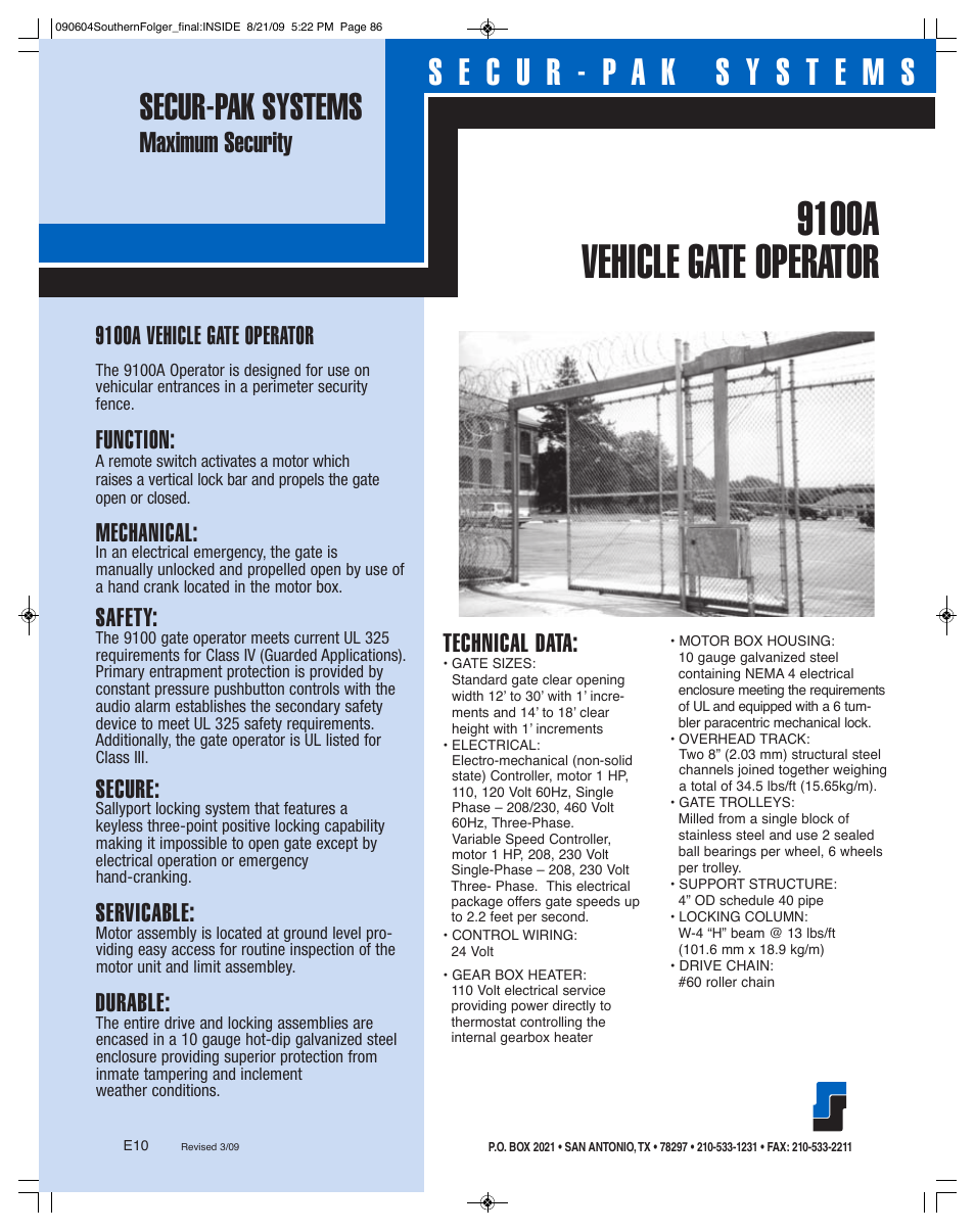 Southern Folger 9100A VEHICLE GATE OPERATOR User Manual | 2 pages