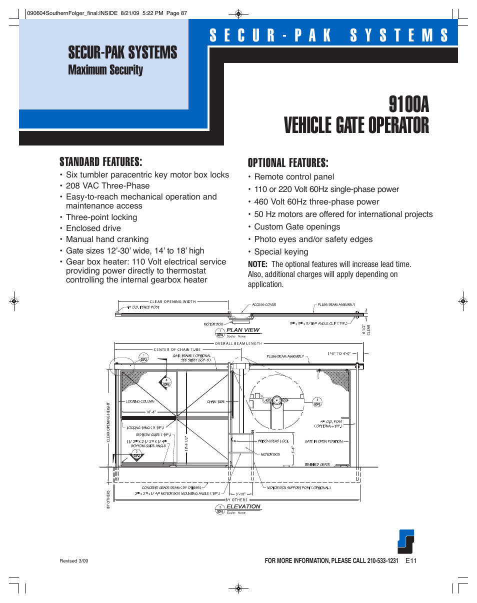 9100a vehicle gate operator, Secur-pak systems, Maximum security | Standard features, Optional features | Southern Folger 9100A VEHICLE GATE OPERATOR User Manual | Page 2 / 2