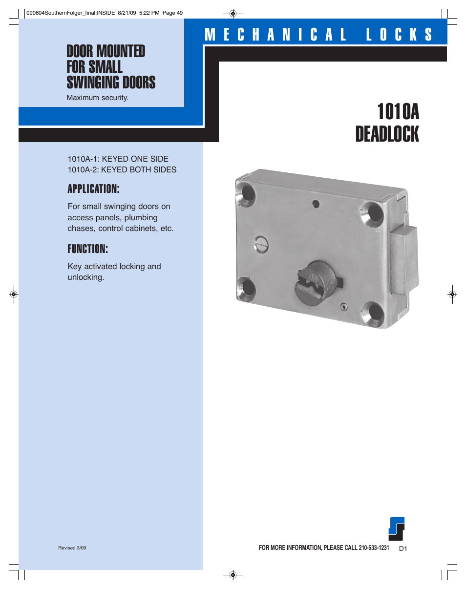 Southern Folger 1010A DEADLOCK User Manual | 2 pages