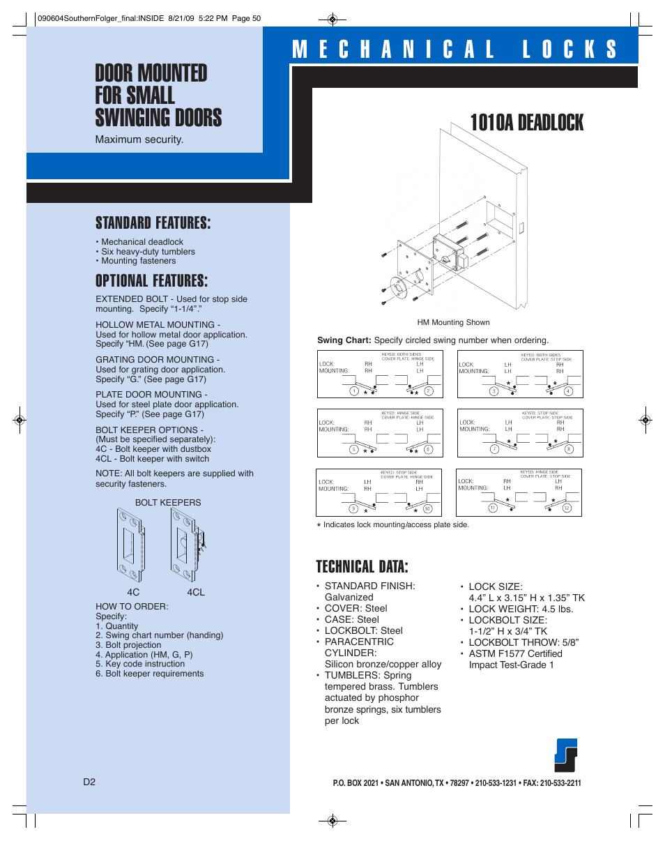1010a deadlock, Standard features, Optional features | Technical data | Southern Folger 1010A DEADLOCK User Manual | Page 2 / 2