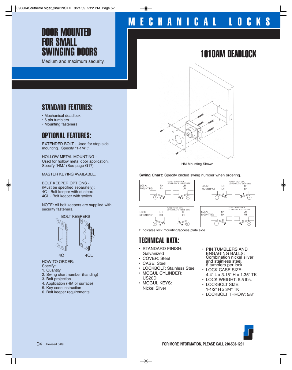 1010am deadlock, Technical data, Standard features | Optional features | Southern Folger 1010AM DEADLOCK User Manual | Page 2 / 2