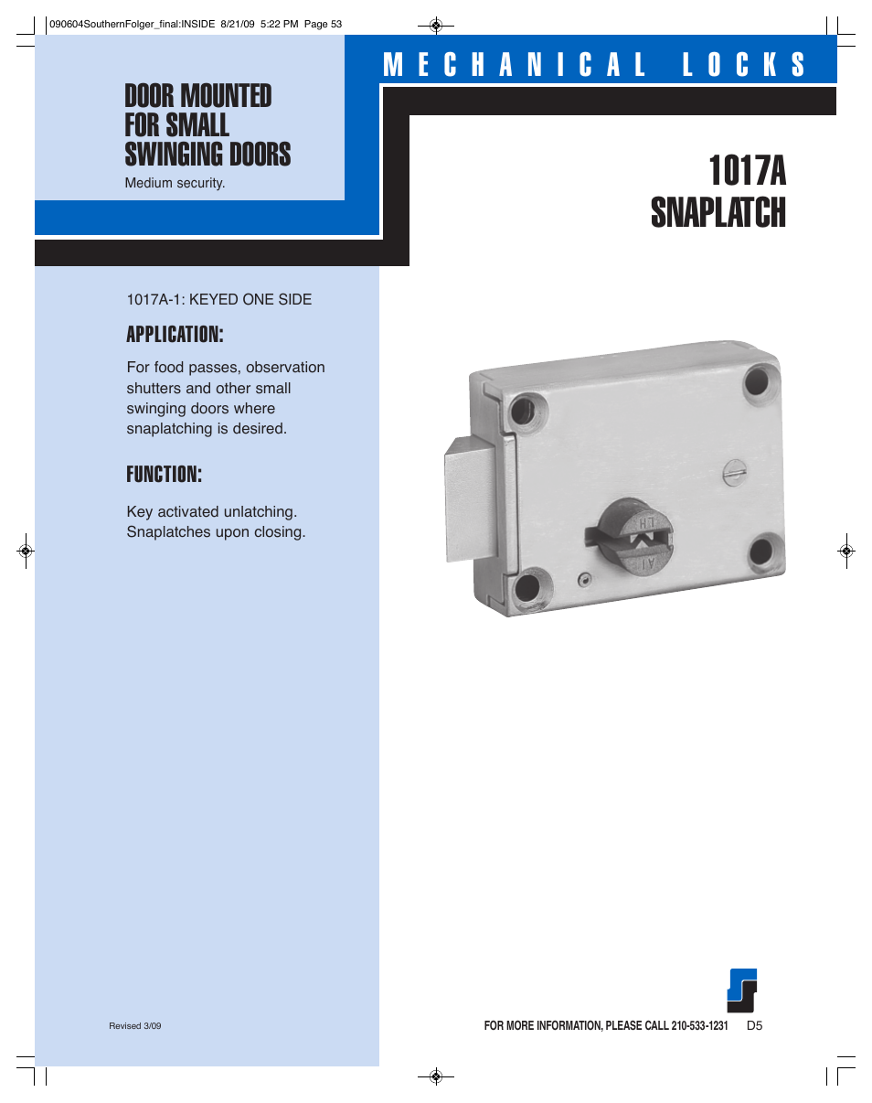 Southern Folger 1017A SNAPLATCH User Manual | 2 pages