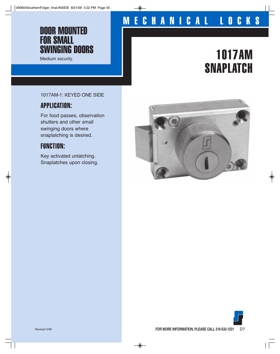 Southern Folger 1017AM SNAPLATCH User Manual | 2 pages