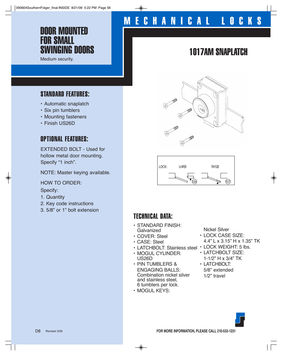 1017am snaplatch, Standard features, Optional features | Technical data | Southern Folger 1017AM SNAPLATCH User Manual | Page 2 / 2