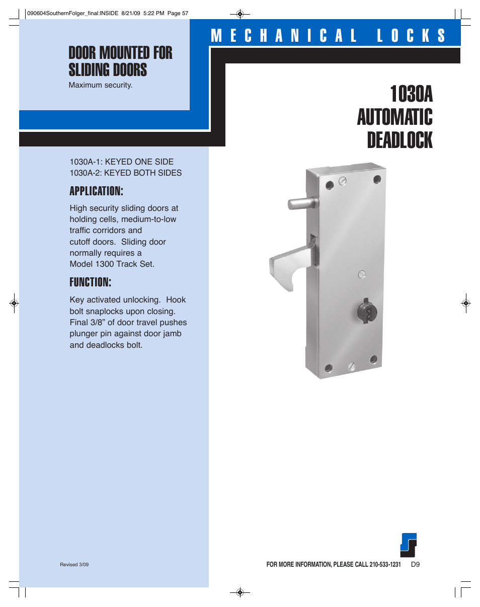 Southern Folger 1030A AUTOMATIC DEADLOCK User Manual | 2 pages