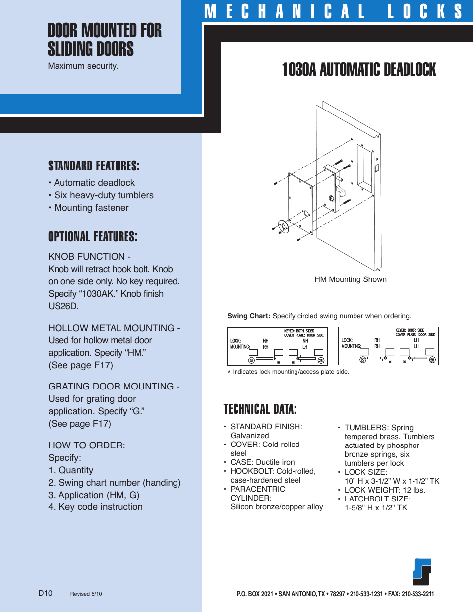 1030a automatic deadlock, Standard features, Optional features | Technical data | Southern Folger 1030A AUTOMATIC DEADLOCK User Manual | Page 2 / 2