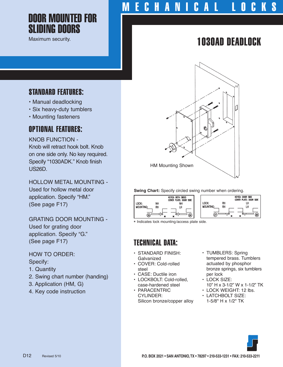 1030ad deadlock, Standard features, Optional features | Technical data | Southern Folger 1030AD DEADLOCK User Manual | Page 2 / 2