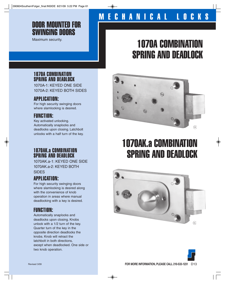 Southern Folger 1070A_1070AK.a COMBINATION SPRING AND DEADLOCK User Manual | 2 pages