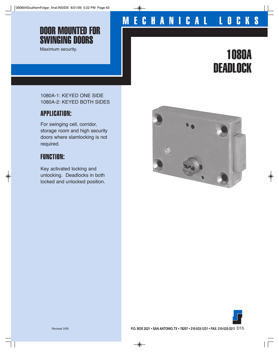 Southern Folger 1080A DEADLOCK User Manual | 2 pages