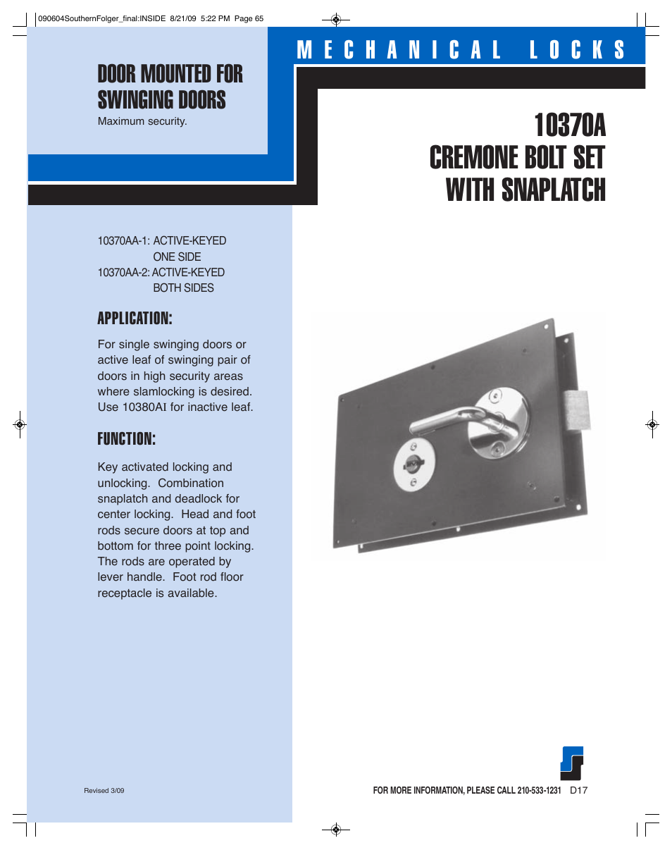Southern Folger 10370A CREMONE BOLT SET WITH SNAPLATCH User Manual | 2 pages