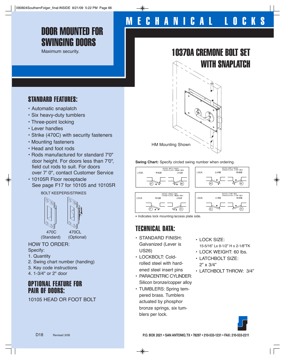 Technical data, Standard features, Optional feature for pair of doors | Southern Folger 10370A CREMONE BOLT SET WITH SNAPLATCH User Manual | Page 2 / 2