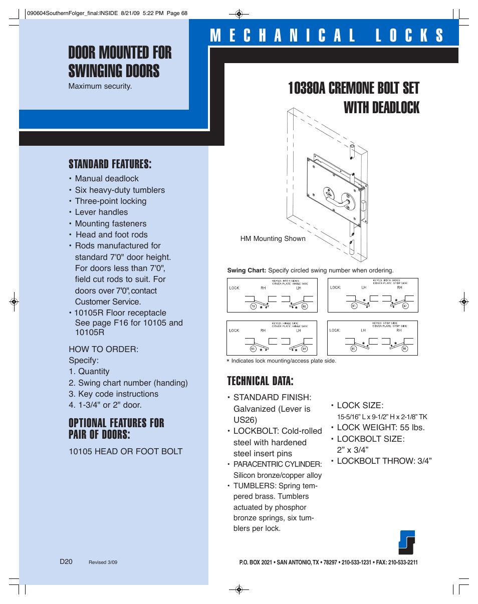 Technical data, Standard features, Optional features for pair of doors | Southern Folger 10380A CREMONE BOLT SET WITH DEADLOCK User Manual | Page 2 / 2