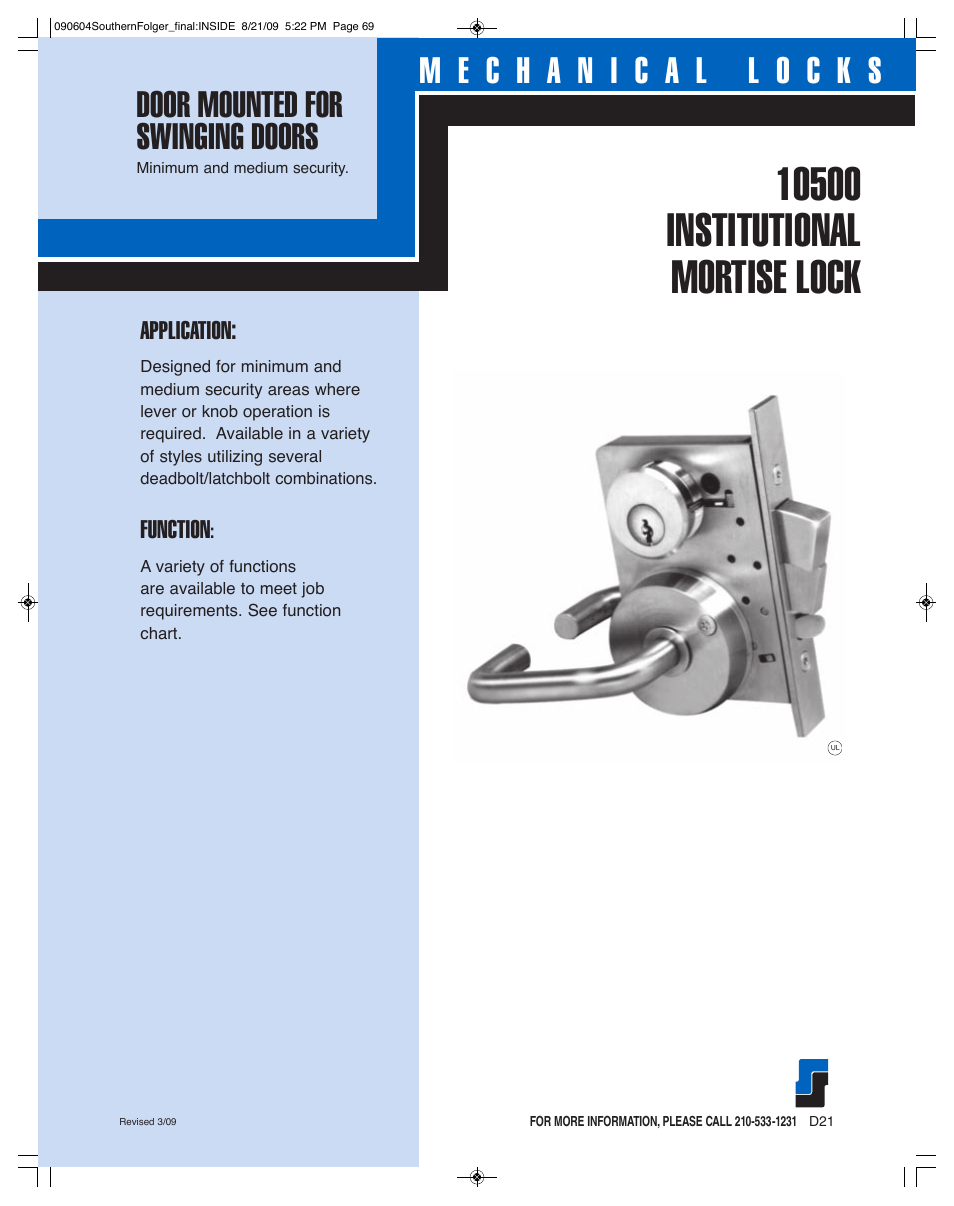 Southern Folger 10500 INSTITUTIONAL MORTISE LOCK User Manual | 6 pages