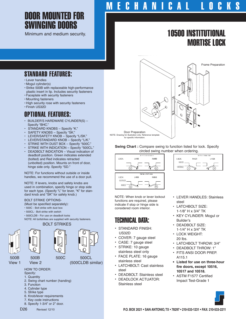 Standard features, Optional features, Technical data | Southern Folger 10500 INSTITUTIONAL MORTISE LOCK User Manual | Page 6 / 6