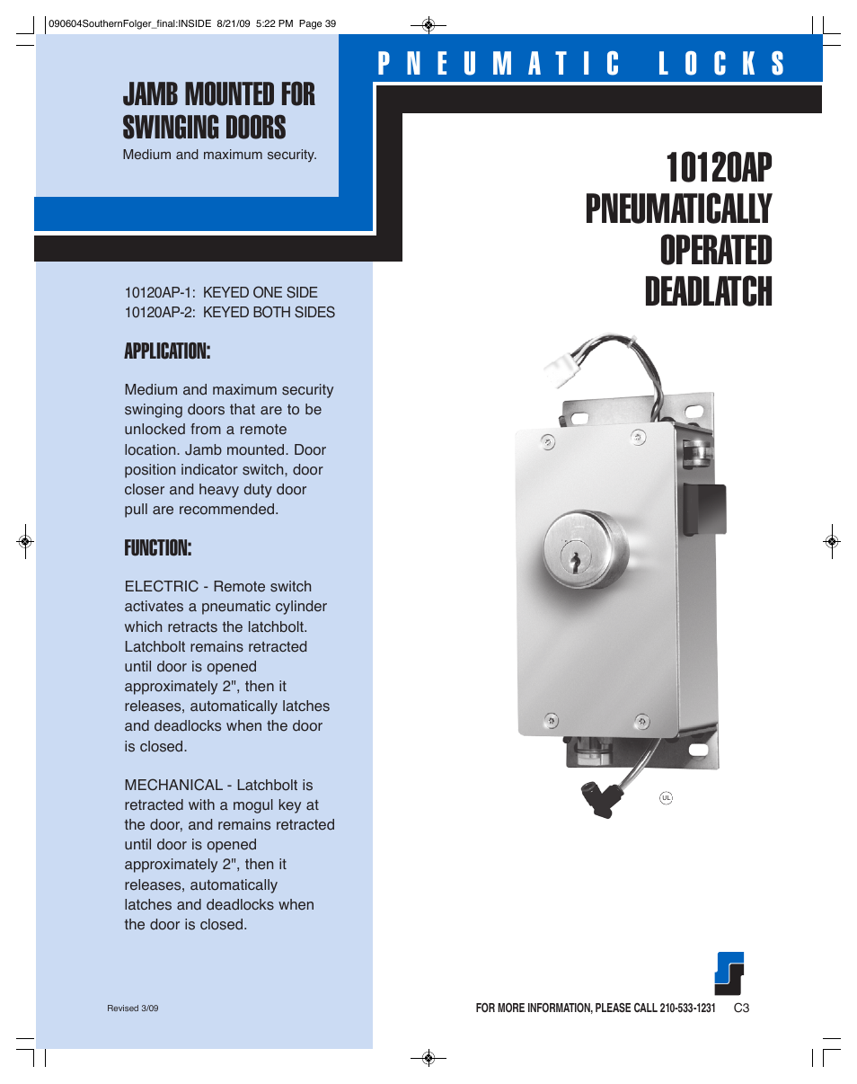 Southern Folger 10120AP PNEUMATICALLY OPERATED DEADLATCH User Manual | 2 pages