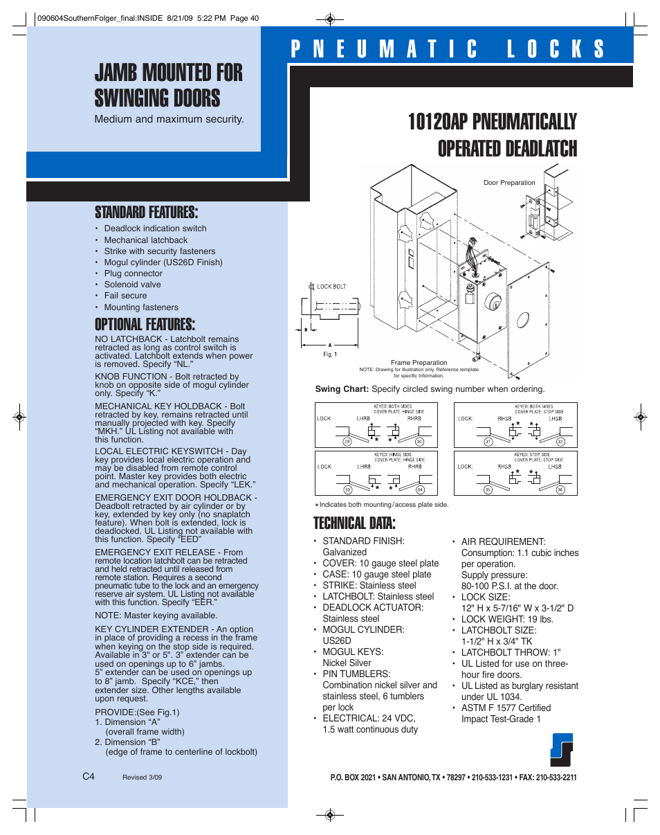Standard features, Optional features, Technical data | Southern Folger 10120AP PNEUMATICALLY OPERATED DEADLATCH User Manual | Page 2 / 2