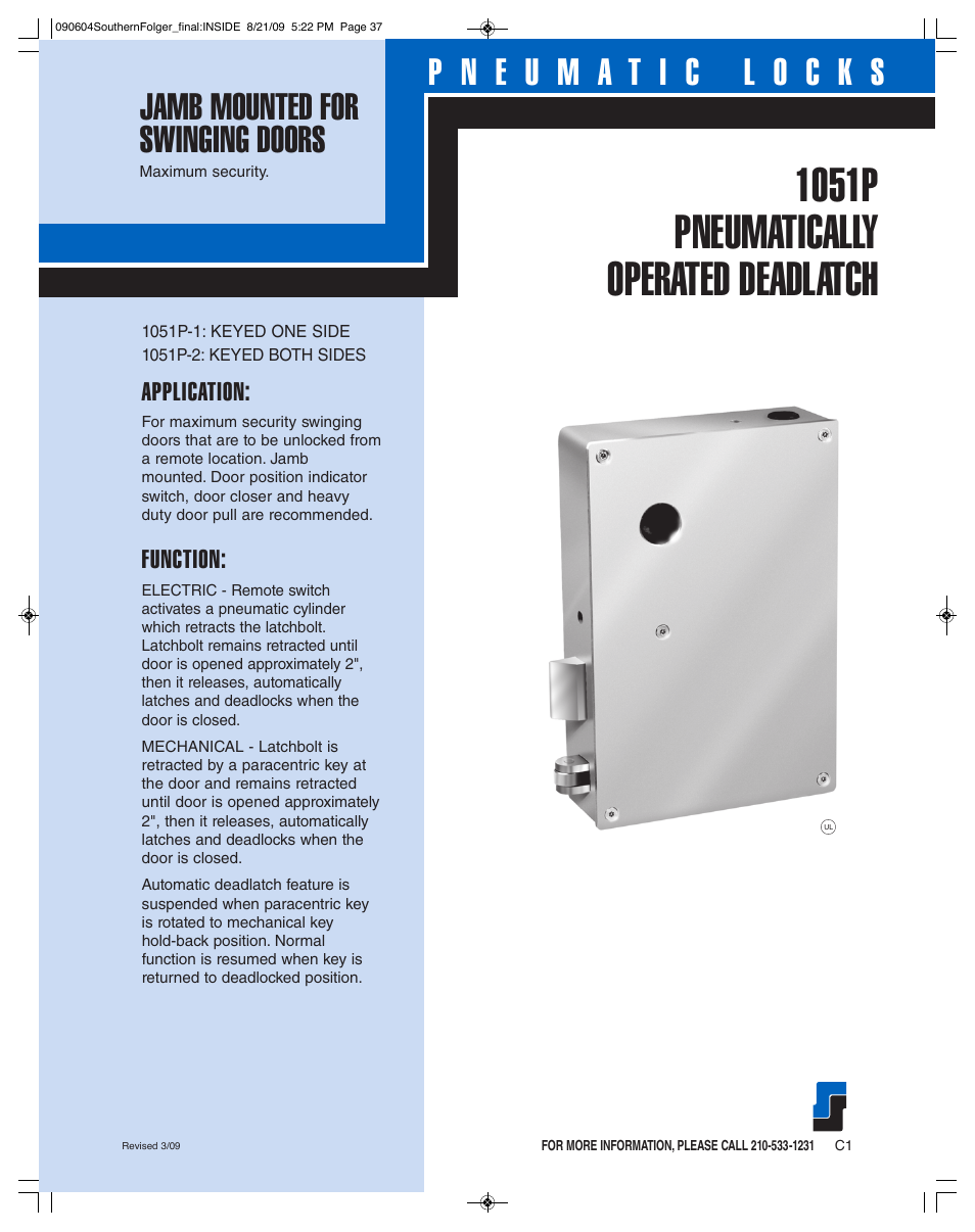 Southern Folger 1051P PNEUMATICALLY OPERATED DEADLATCH User Manual | 2 pages