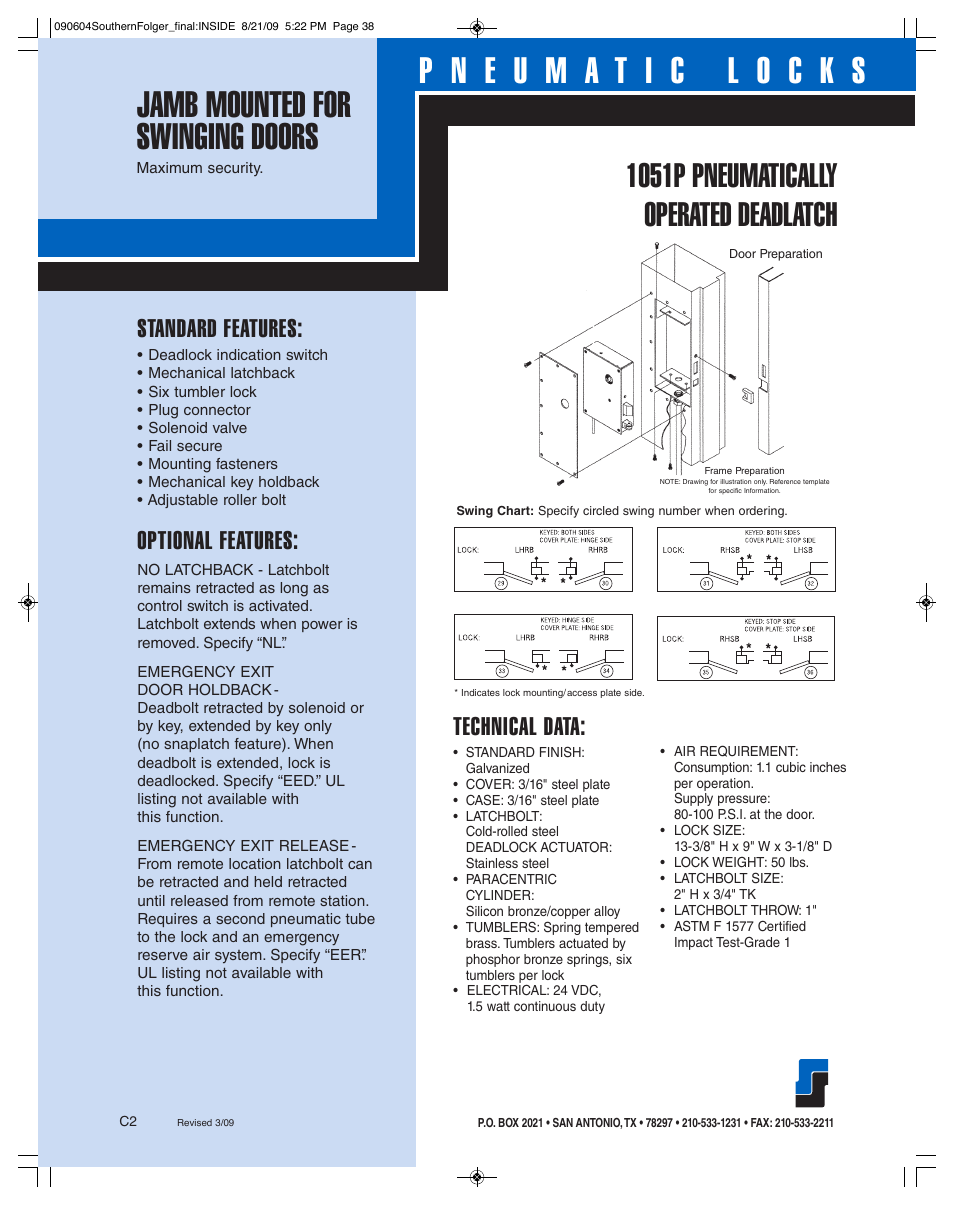 1051p pneumatically operated deadlatch, Standard features, Optional features | Technical data | Southern Folger 1051P PNEUMATICALLY OPERATED DEADLATCH User Manual | Page 2 / 2