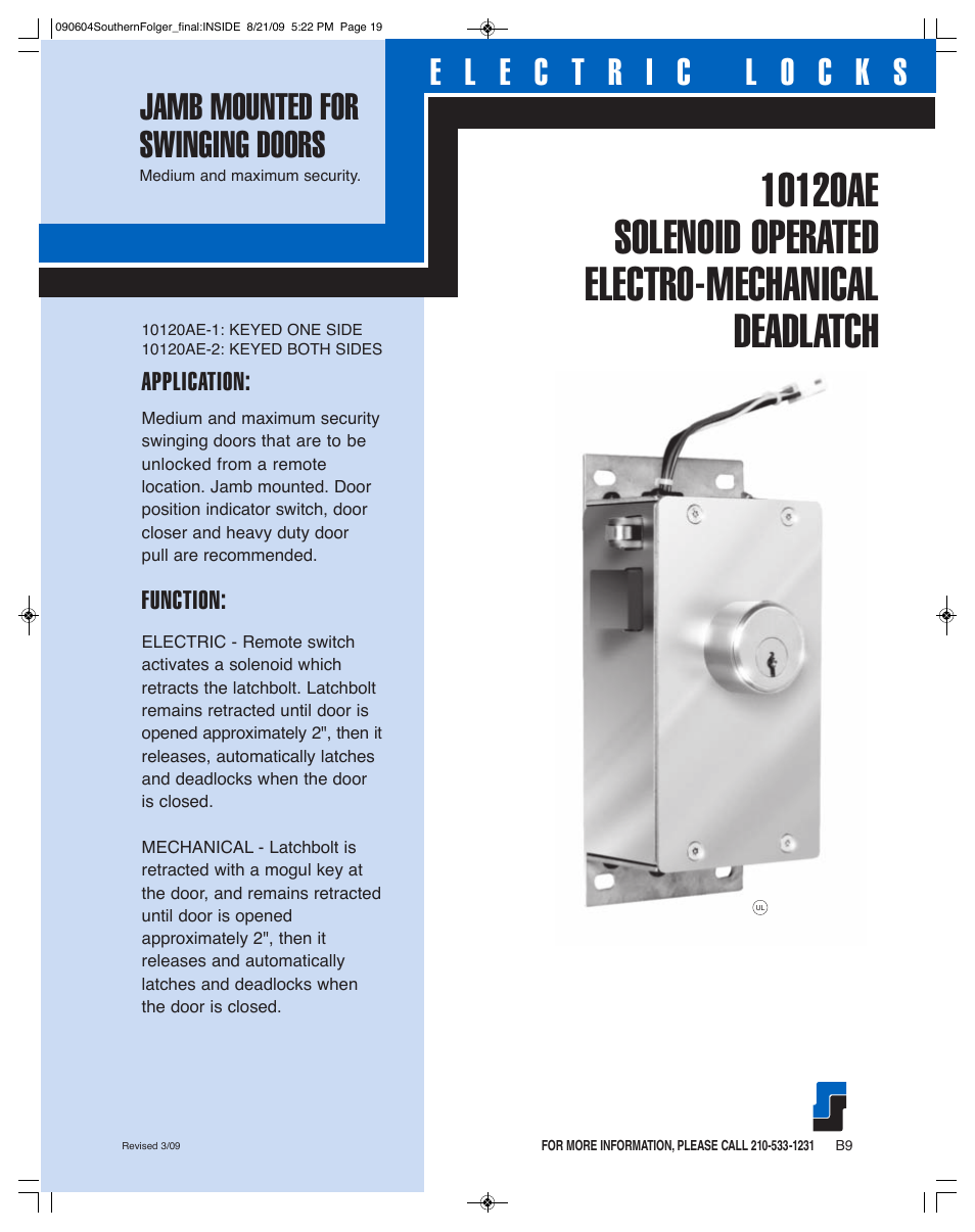 Southern Folger 10120AE SOLENOID OPERATED ELECTRO-MECHANICAL DEADLATCH User Manual | 2 pages